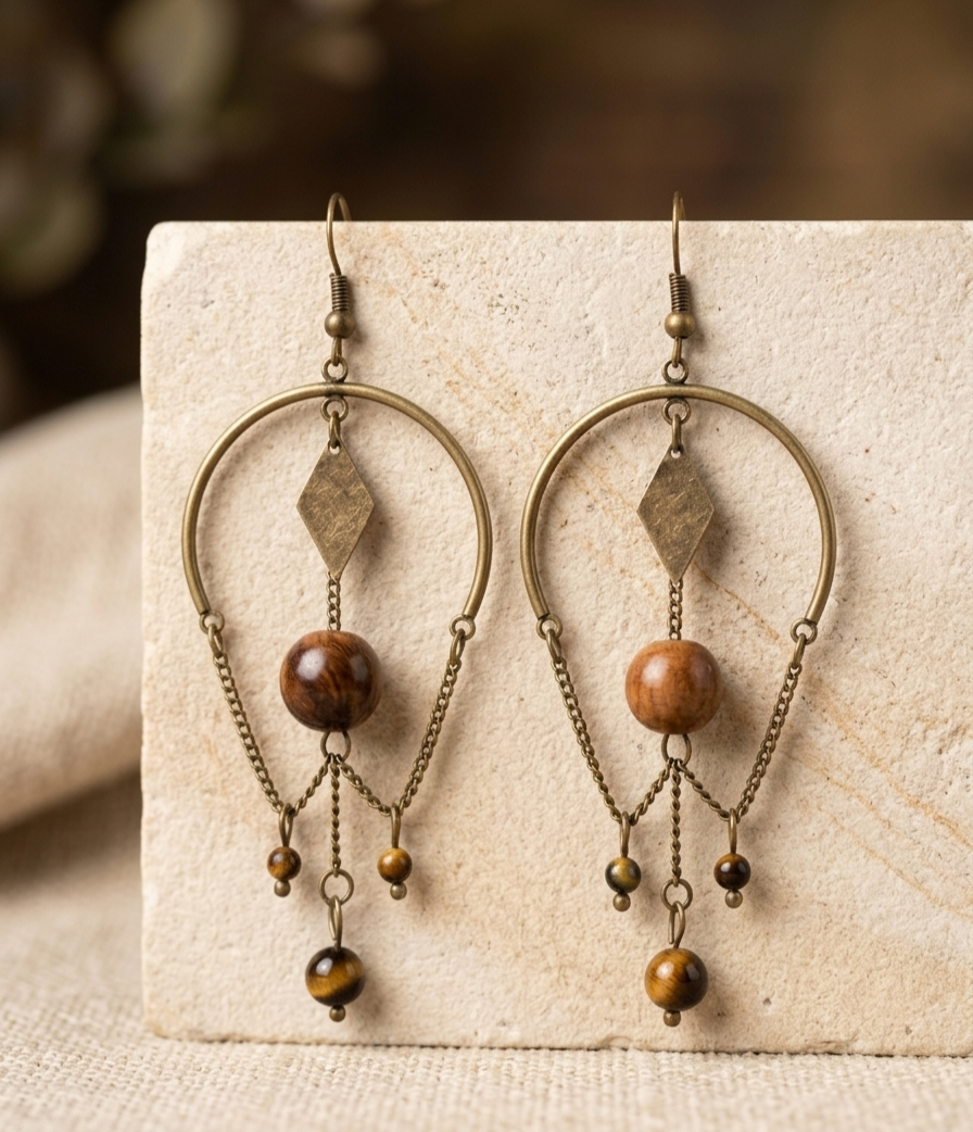 Boucles d'oreilles Oeil de tigre et bois
